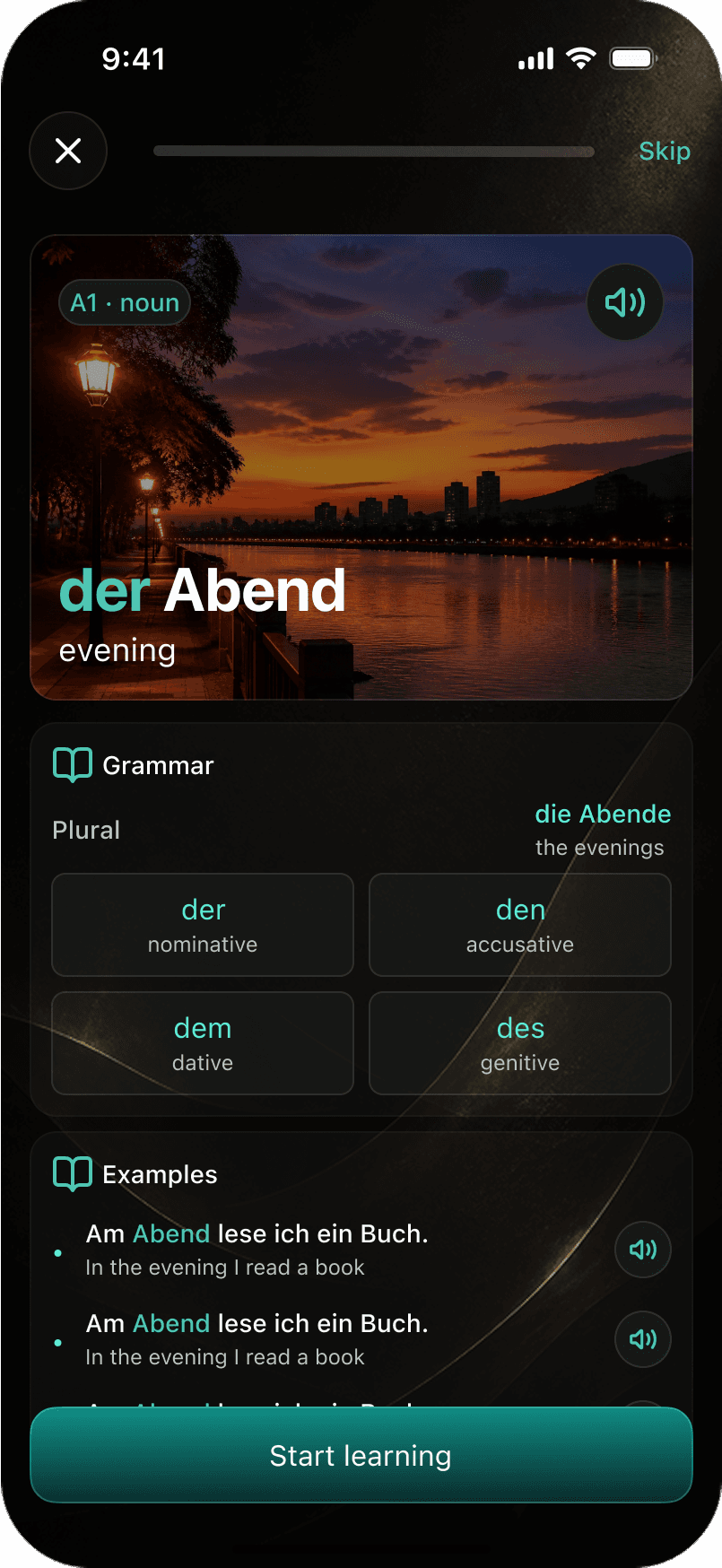 Holen Deutsch word detail screen breaking a German word into skills
