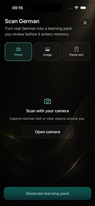 Current Scan German screen with photo, image, and pasted-text inputs